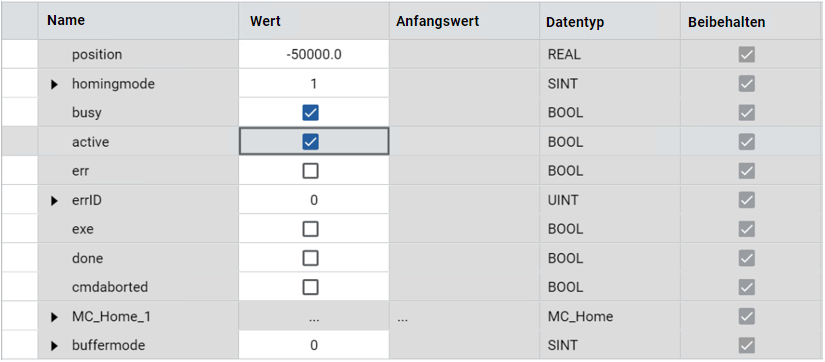 Tabelle mit den Ergebnissen von MC_Home mit Spalten für Name, Wert, Anfangswert, Datentyp und Beibehaltungsstatus