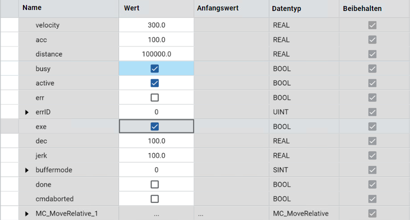 Tabelle mit den Parametern des Funktionsblocks MC_MoveRelative sowie deren Werte, Typen und Beibehaltungsstatus
