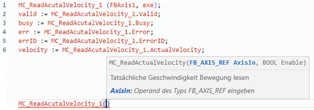 Beispiel für strukturierten MC_ReadActualVelocity-Text