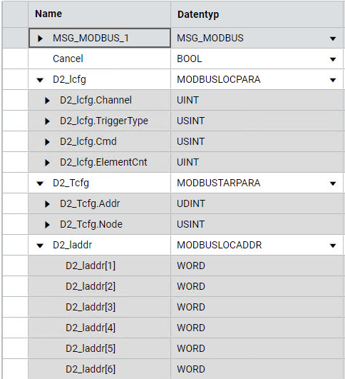 Abbildung mit Veranschaulichung der Variablenoptionen für MSG_MODBUS, um Statusdaten aus einem PowerFlex 40-Antrieb zu lesen