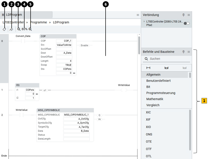 Kontaktplan-Editor mit Programmelementen, Toolbox und Verbindungseinstellungen