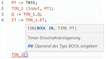 Beispiel f&uuml;r strukturierten Text des TON-Funktionsblocks in strukturiertem Text mit Details zum Code und QuickInfos