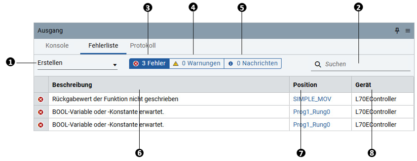 Seite &bdquo;Fehlerliste&ldquo;
