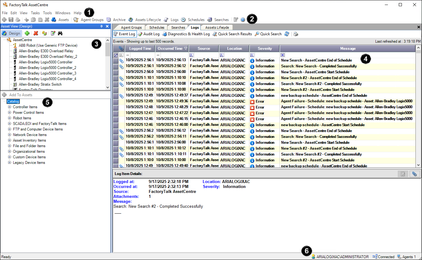 Elements of the FactoryTalk AssetCentre desktop client window