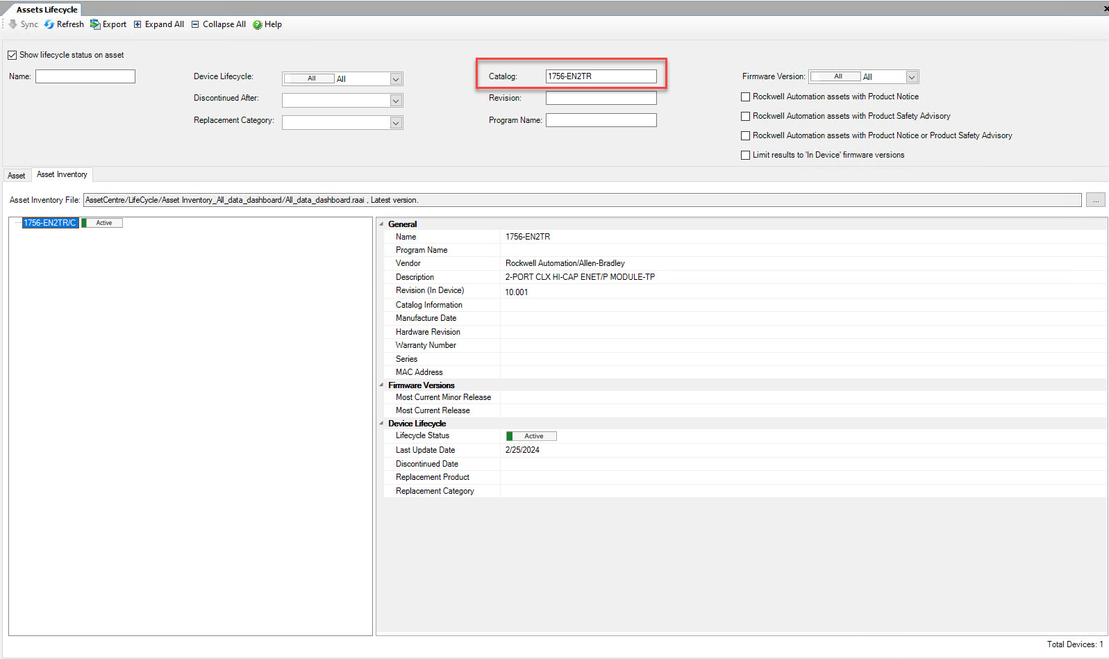 Assets Lifecycle filtered by Catalog