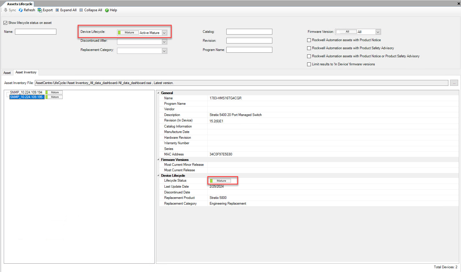 Assets Lifecycle filtered by Device Lifecycle