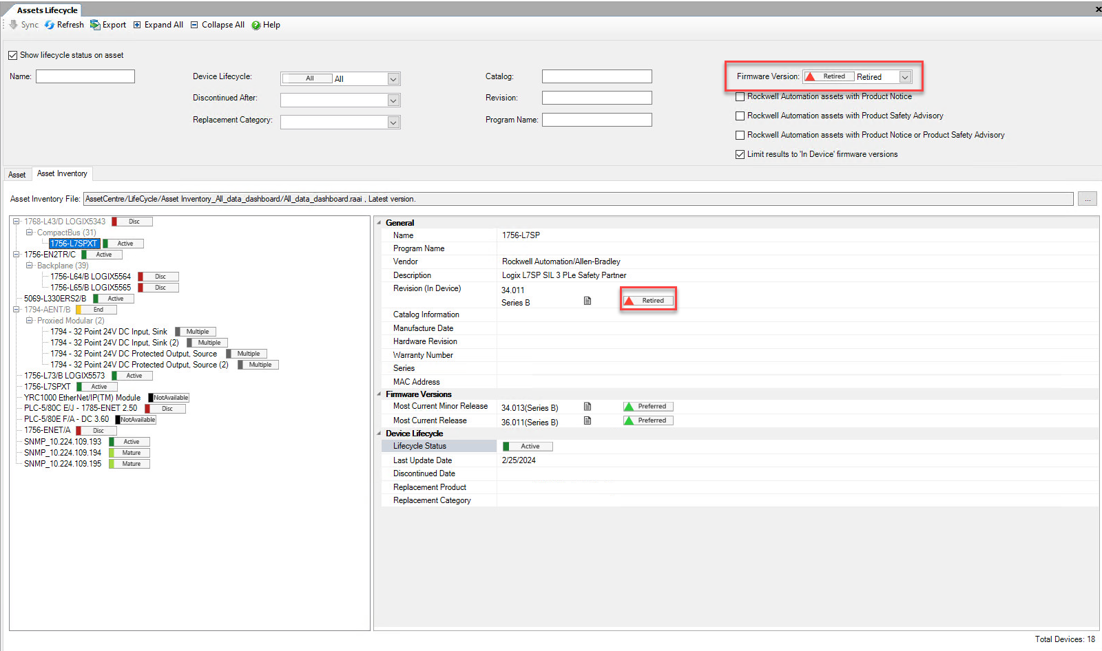 Assets Lifecycle filtered by Firmware Version