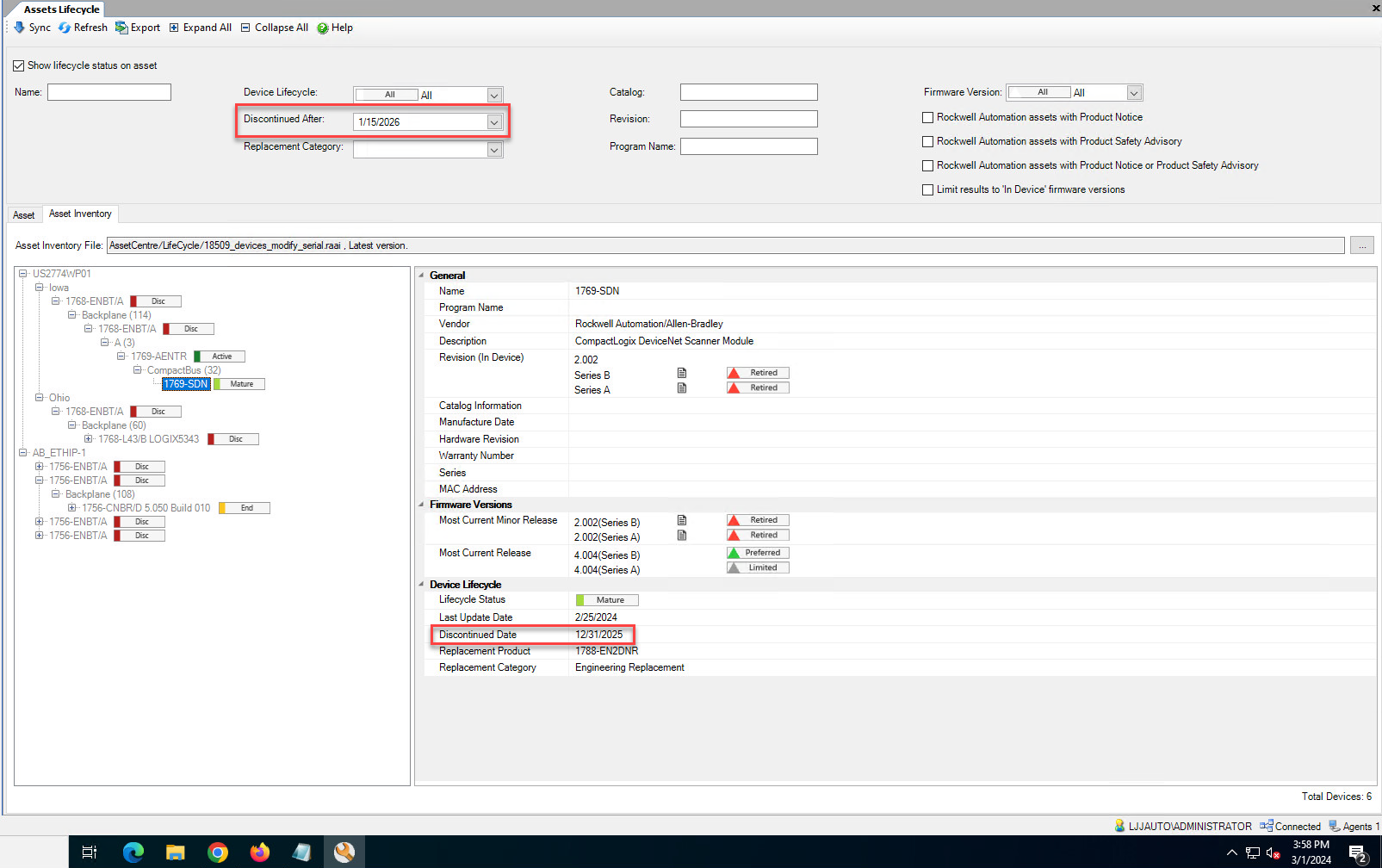 Assets Lifecycle filtered by Discontinued After and a future date