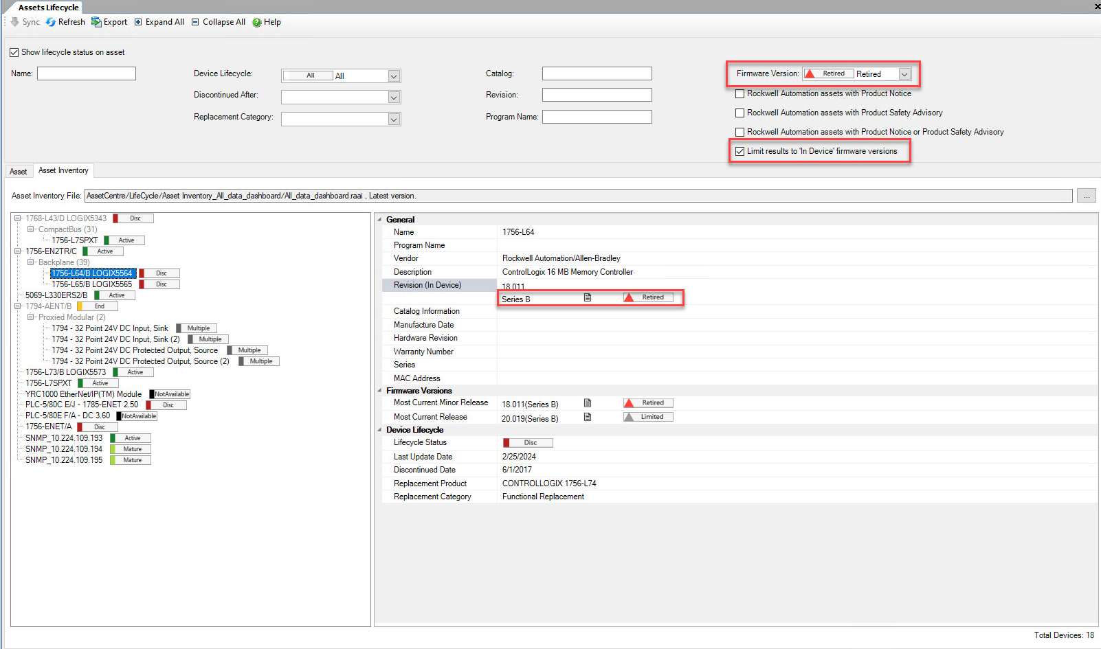 Assets Lifecycle filtered by Limit Results to “In Device” firmware versions