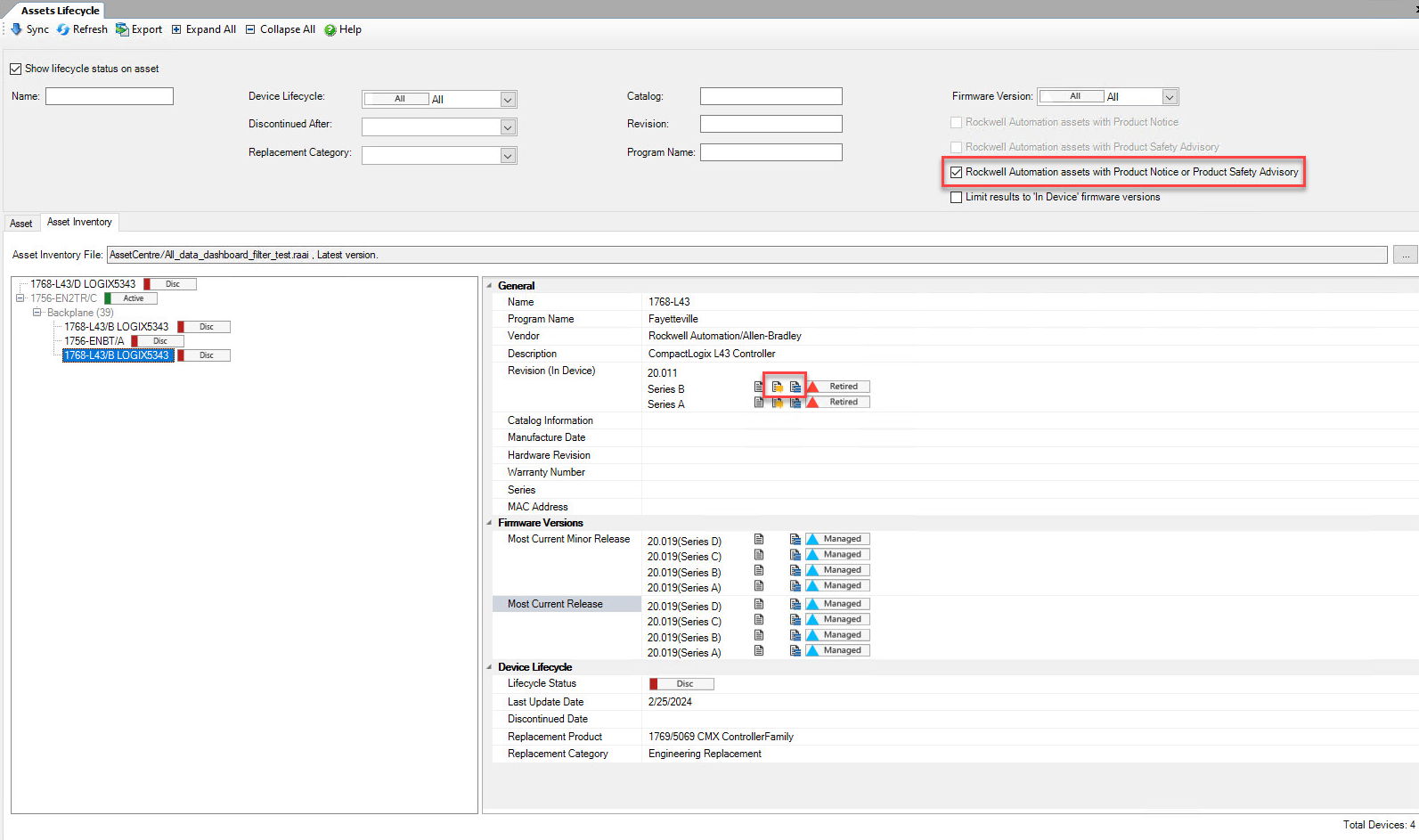 Assets Lifecycle filtered by Rockwell Automation assets with Product Notice or Product Safety Advisory