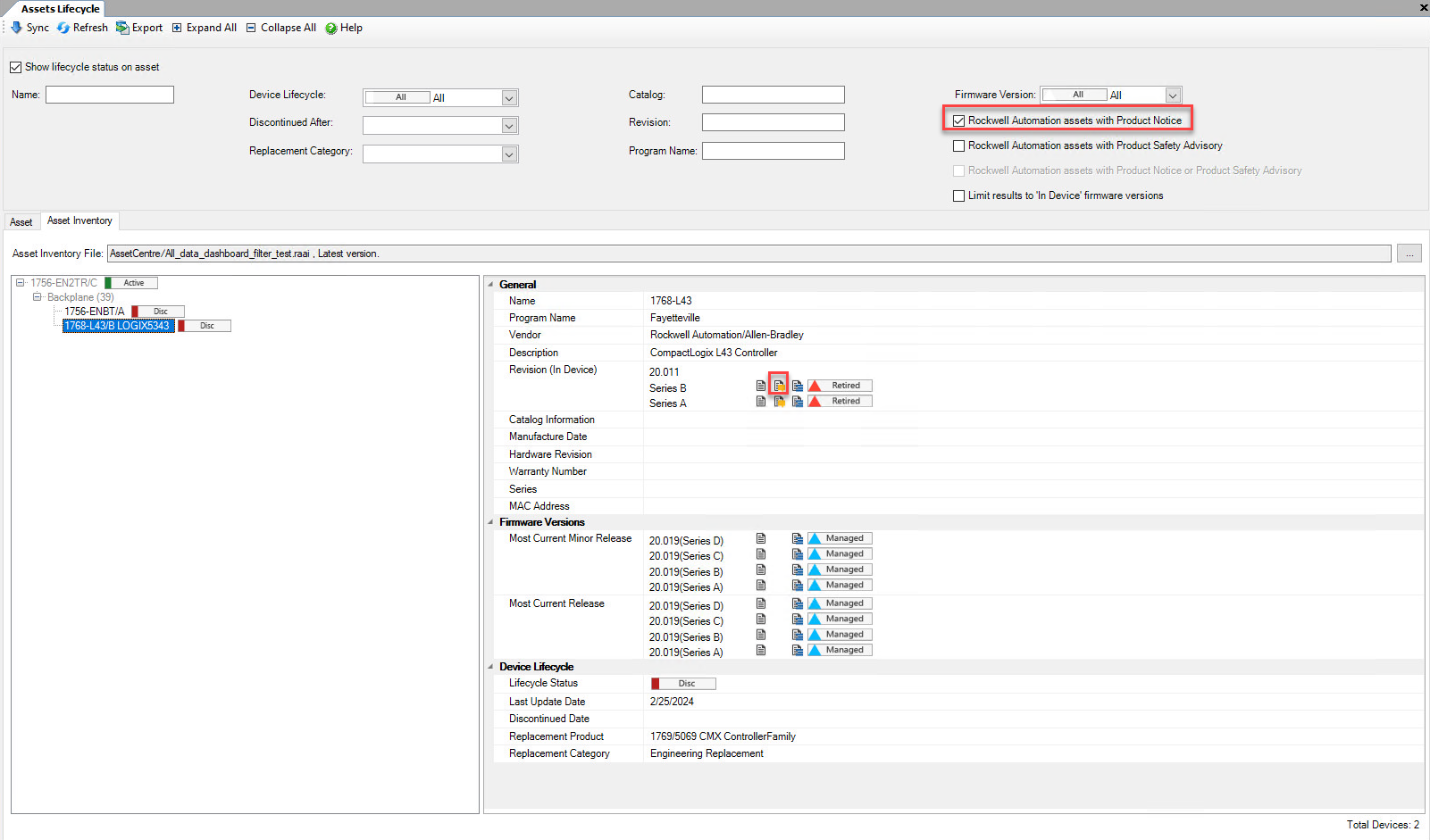 Assets Lifecycle filtered by Rockwell Automation assets with Product Notice