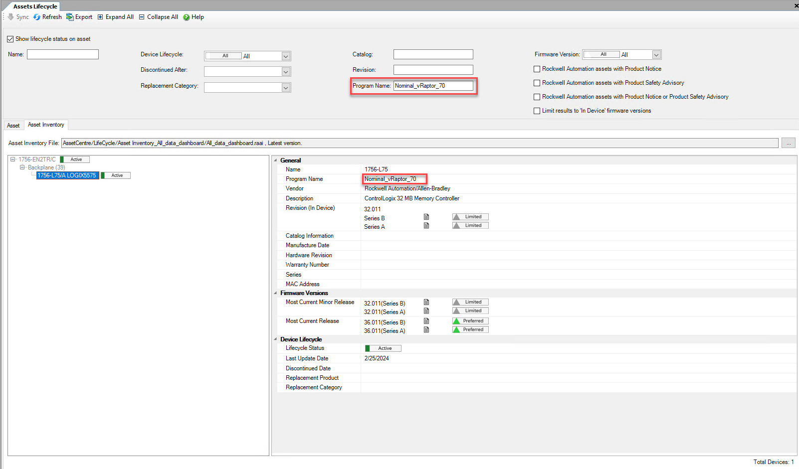 Assets Lifecycle filtered by Program Name