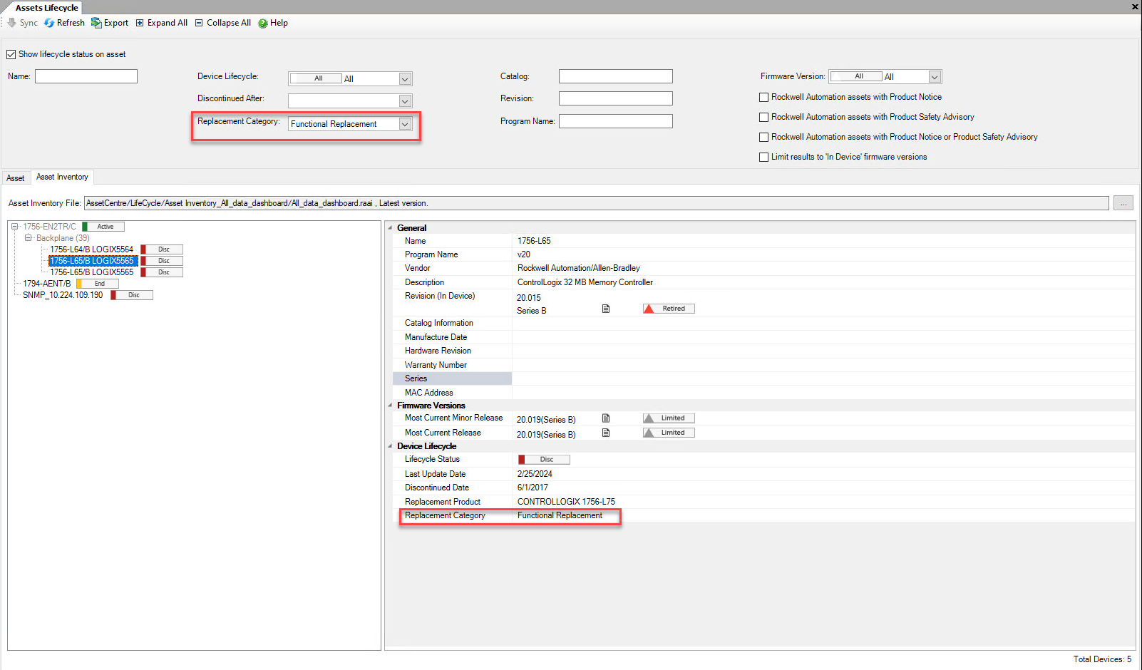 Assets Lifecycle filtered by Replacement Category