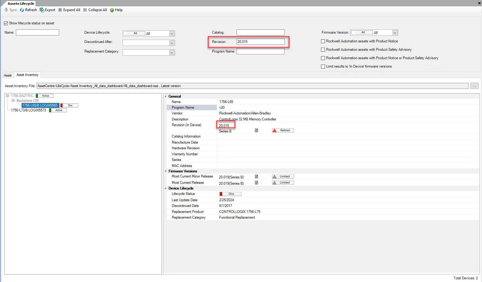 Assets Lifecycle filtered by Revision