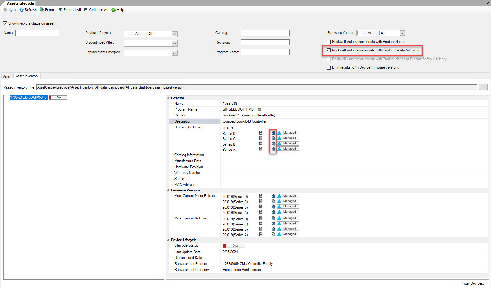 Assets Lifecycle filtered by Rockwell Automation assets with Product Safety Advisory