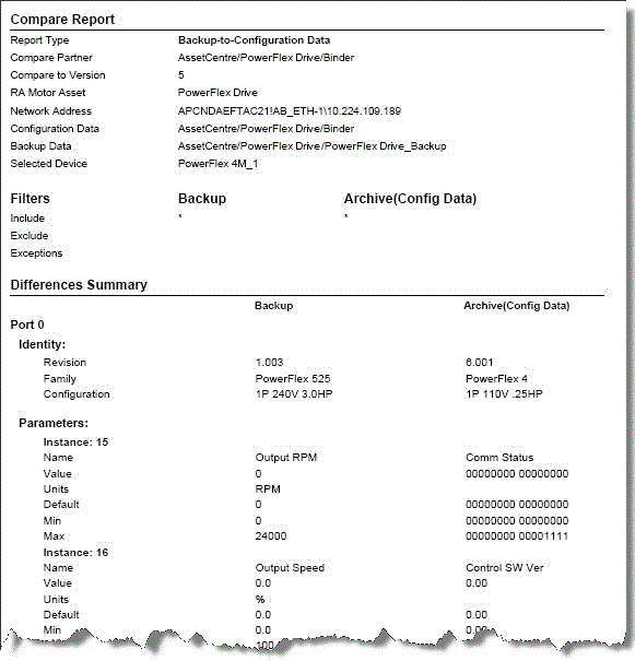 PowerFlex Drive Backup to Config Data report