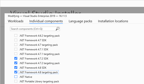 Visual Studio 2019 Install Options