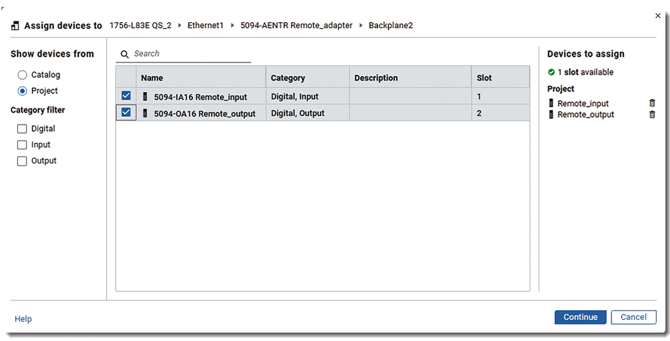 This image shows how to assign I/O to a remote Ethernet adapter.