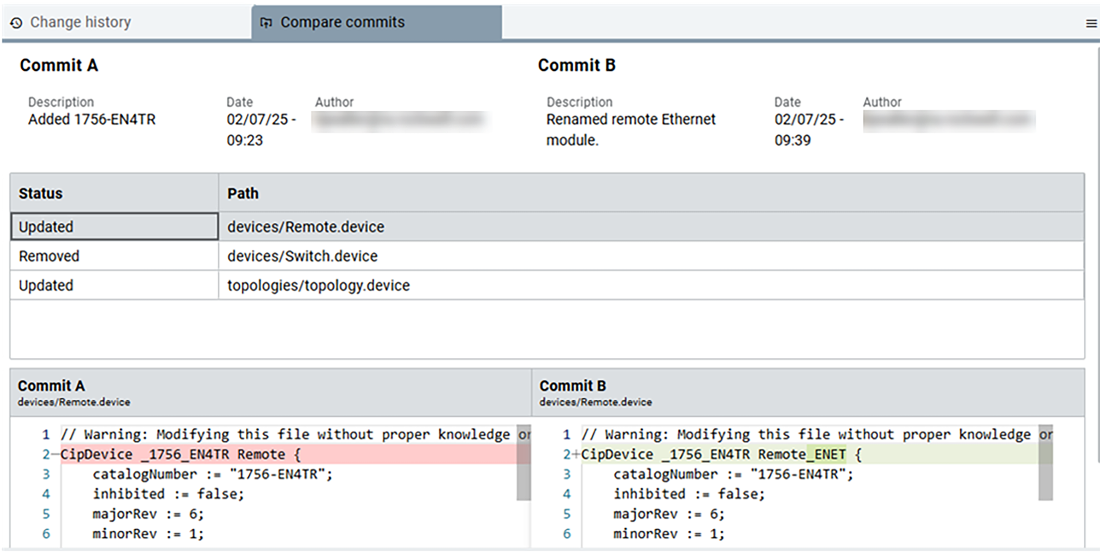 This image shows the Compare Commits tab with details of the changes that were
            made.