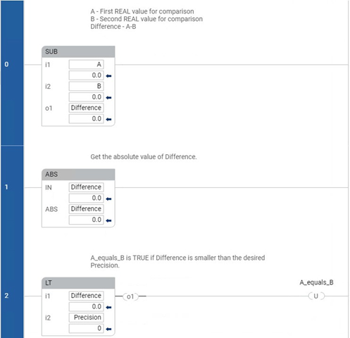 Compare Real Values using SUB (-), ABS, and LT (<) example