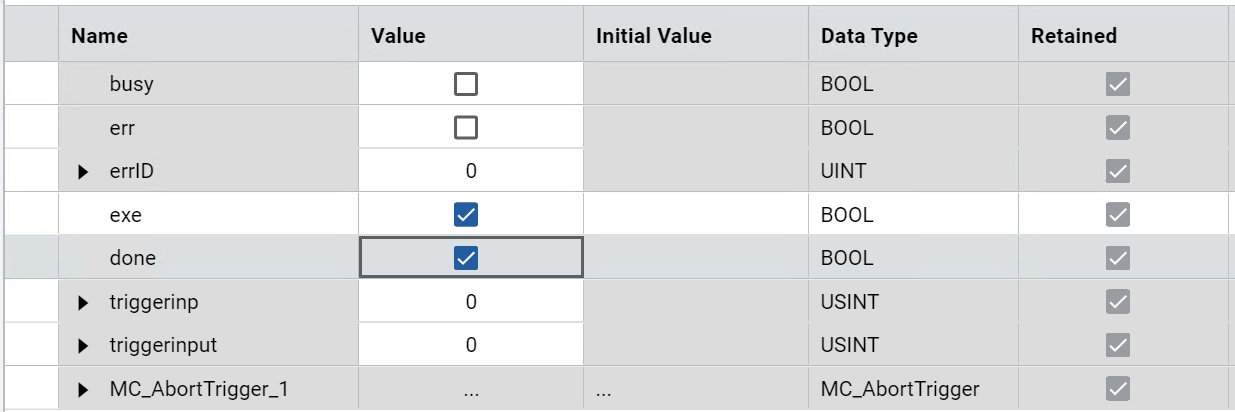 Table displaying MC_AbortTrigger function block results with columns for name, value,
initial value, data type, and retained status.