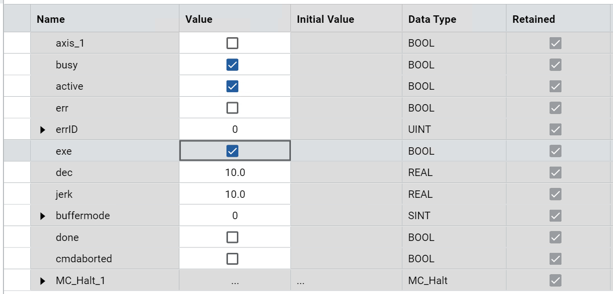 Table displaying MC_Halt function block results with names, values, initial values,
data types, and retention status.