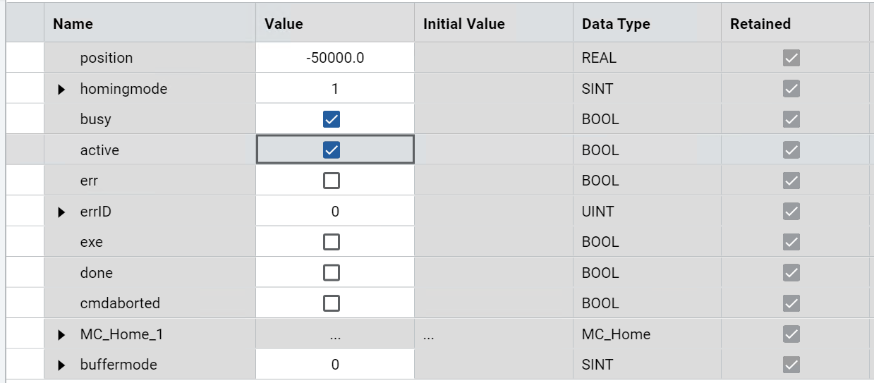 Table displaying MC_Home results with columns for name, value, initial value, data
type, and retained status.