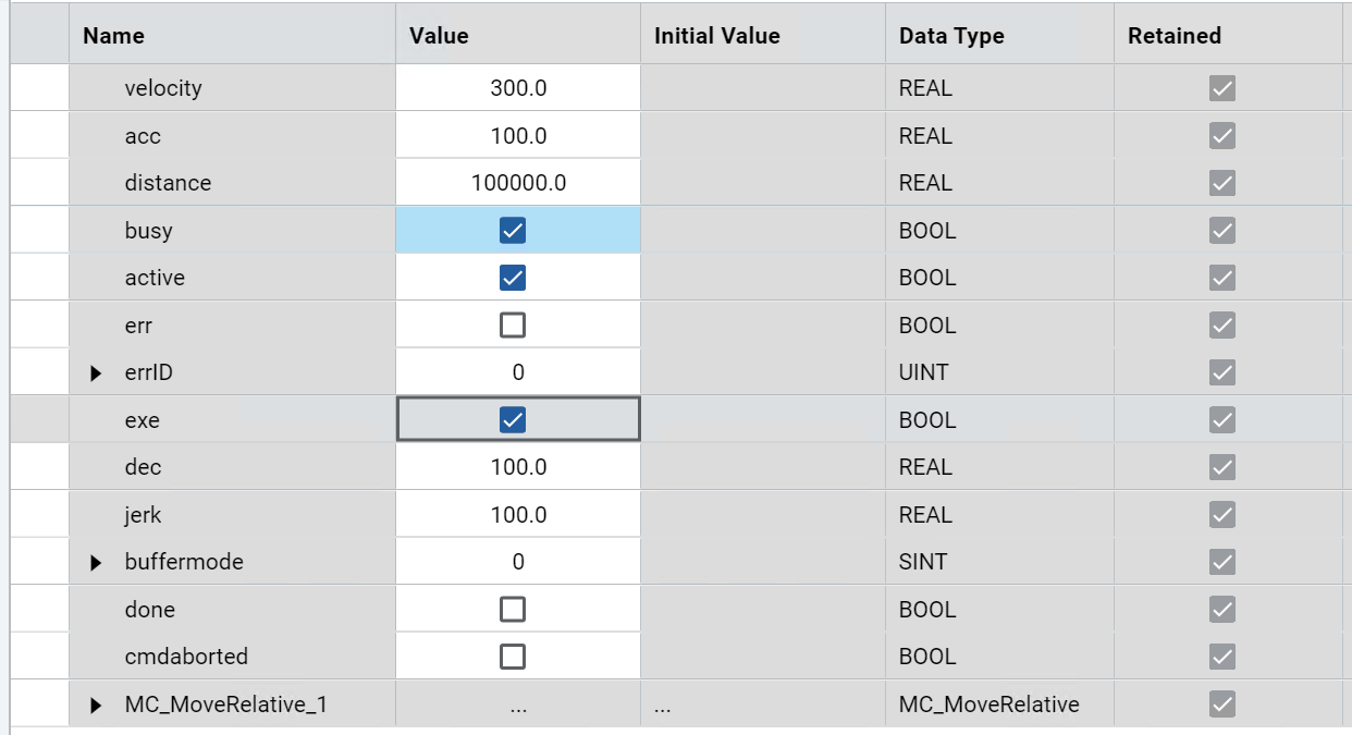 Table displaying MC_MoveRelative function block parameters and their values, types,
and retained status.