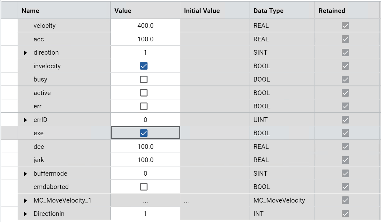 Table displaying MC_MoveVelocity results with columns for name, value, initial
value, data type, and retained status.