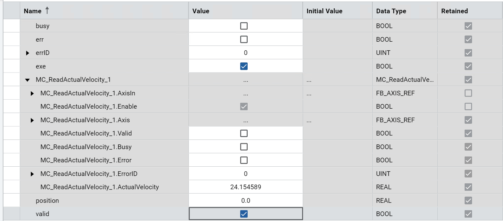 Table displaying MC_ReadActualPosition results with columns for name, value,
initial value, data type, and retained status.