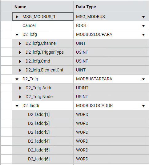Image showing the variable options for MSG_MODBUS to read status data from a PowerFlex 40 drive