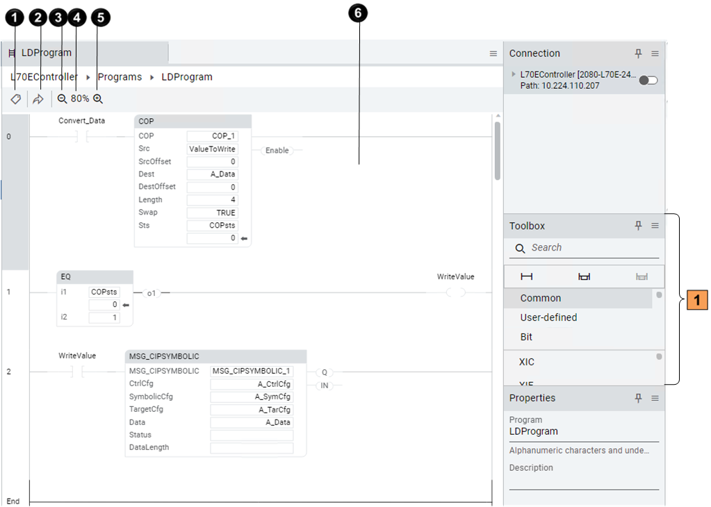 The ladder diagram editor displaying program elements, toolbox, and connection
settings.