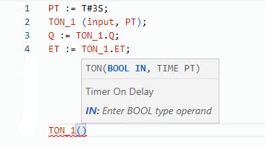 Structured text example of the TON function block with code and tooltip
details.