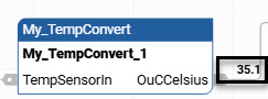 Temperature conversion block displaying an input and output value of 35.1
Celsius.