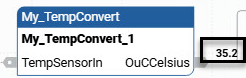 Temperature conversion block showing input and output values with 35.2
Celsius displayed.