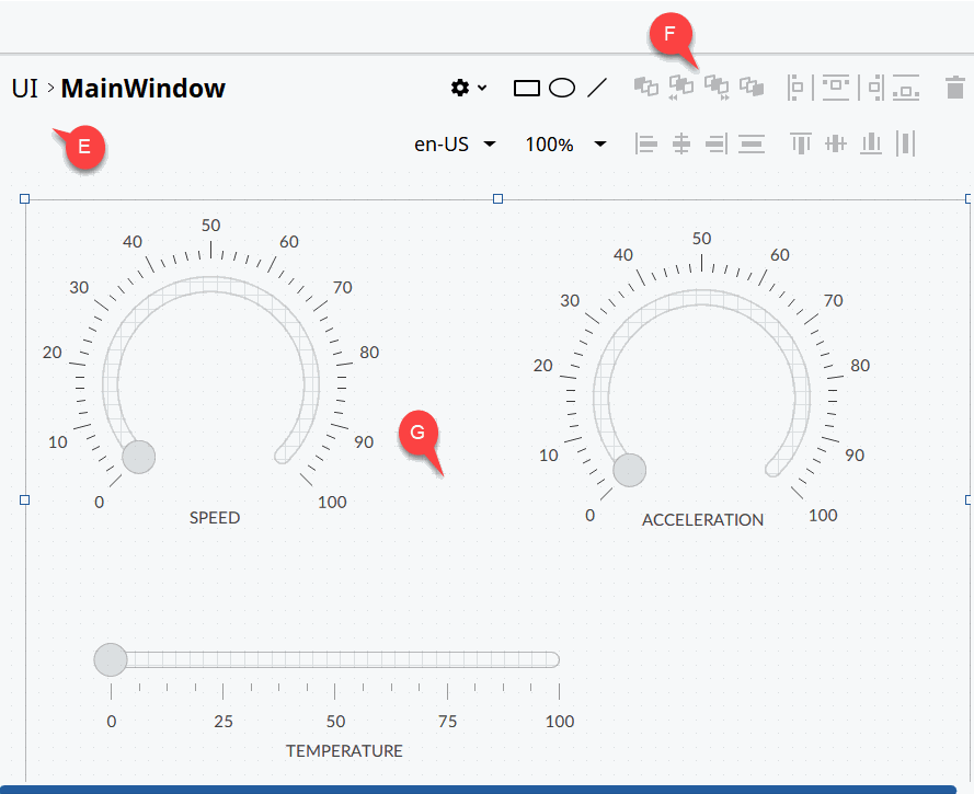 Close up view of the object editor with callouts E,F, and G on the various elements.