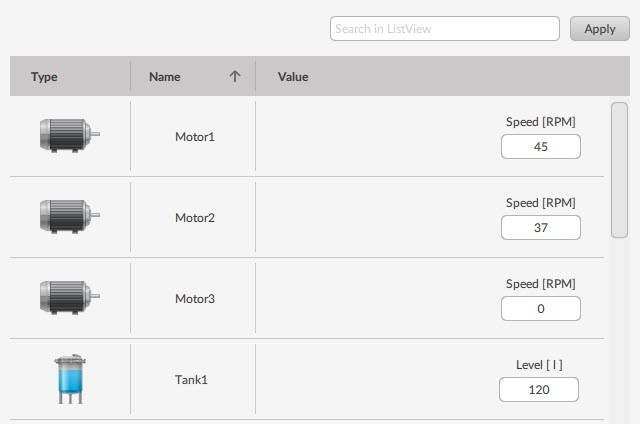 ListView displaying hardware components and their properties with a
                            scrollbar on the right.