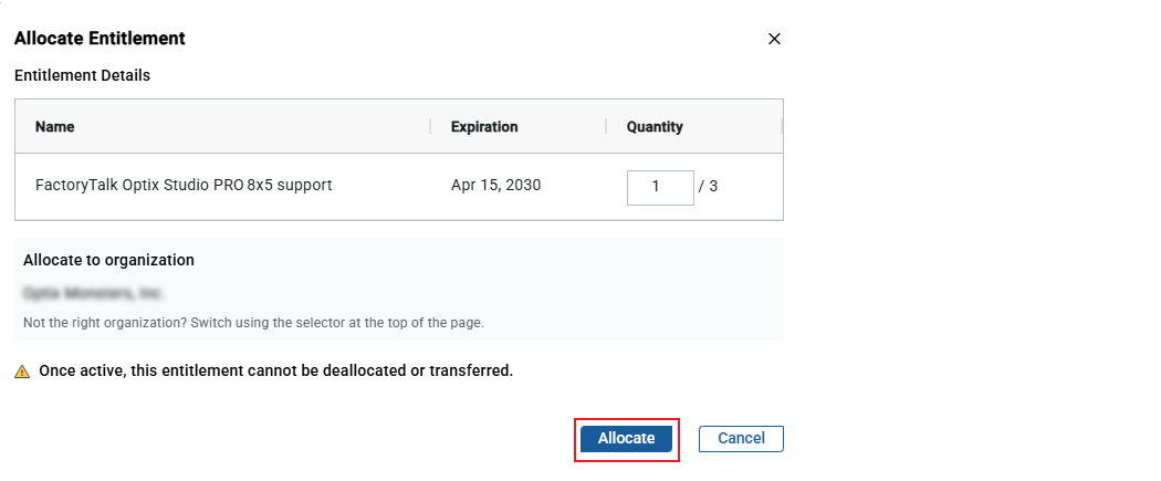 This image shows where to click to allocate an entitlement.