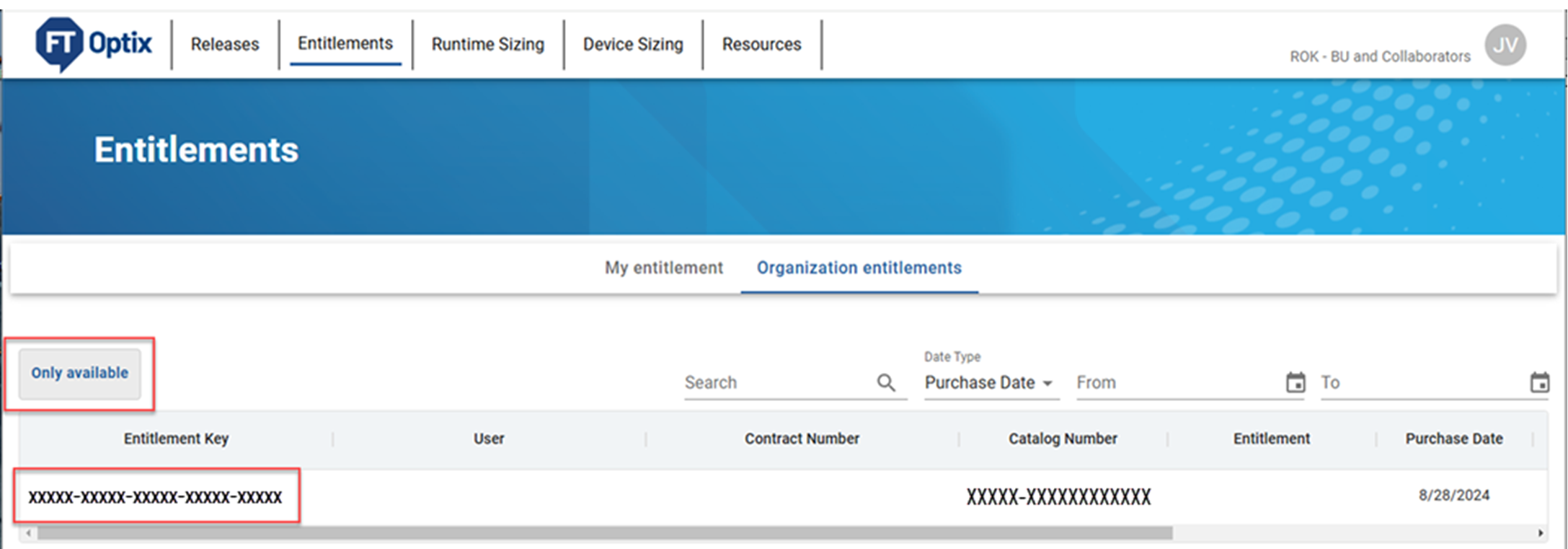 This image shows where to copy the Entitlement Key on the FactoryTalk Optix
              webpage.