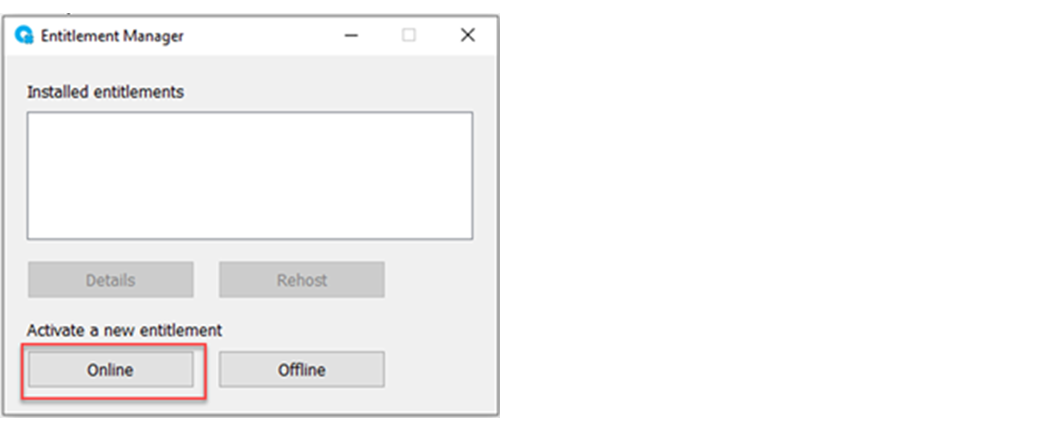 This image shows where to click Online in the FactoryTalk Optix Entitlement
                  Manager.