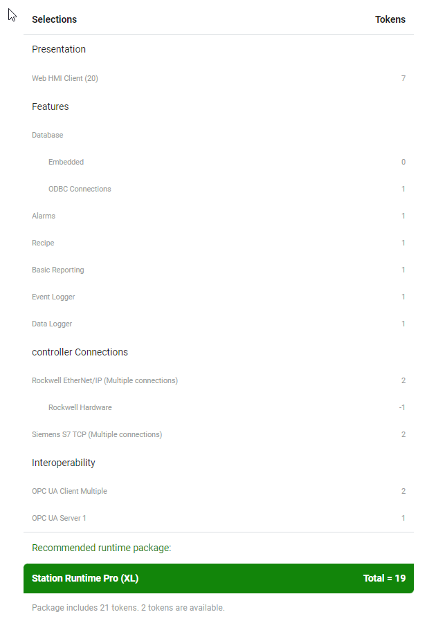 An example runtime sizing for a package in an XL system.