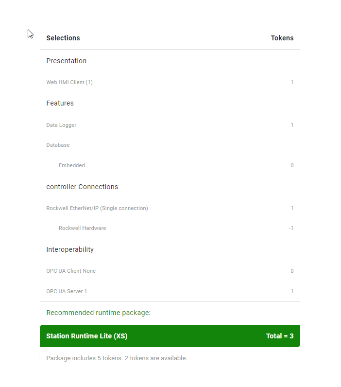 An example runtime sizing for a package in an XS system.