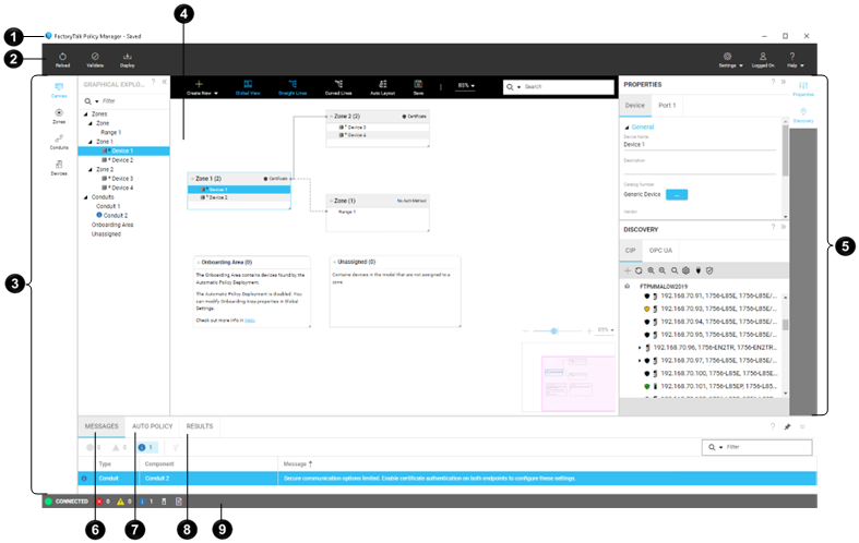 The main window of FactoryTalk Policy Manager that shows different interface
          elements.