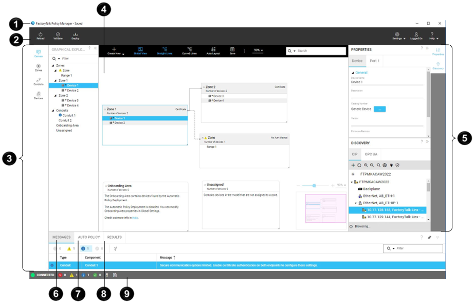 The main window of FactoryTalk Policy Manager that shows different interface
          elements.