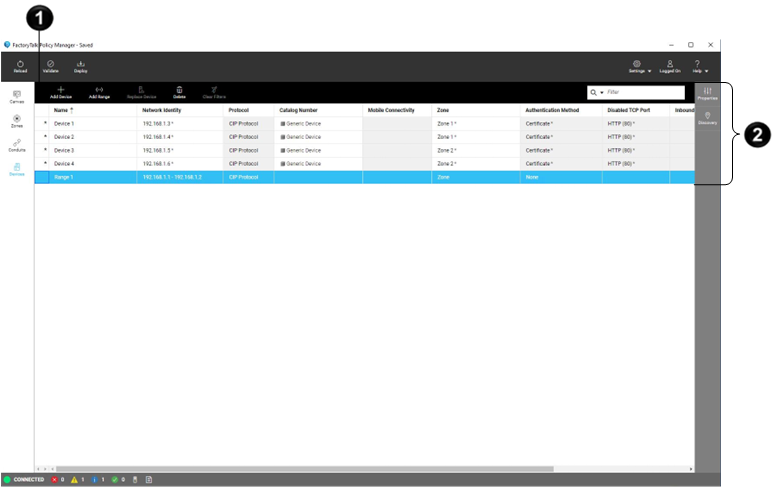 The Devices table displaying device details such as IP address, protocol, and
          zone.