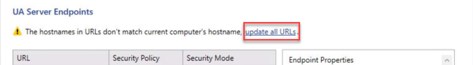 Refresh the URL in the UA Server Endpoints 