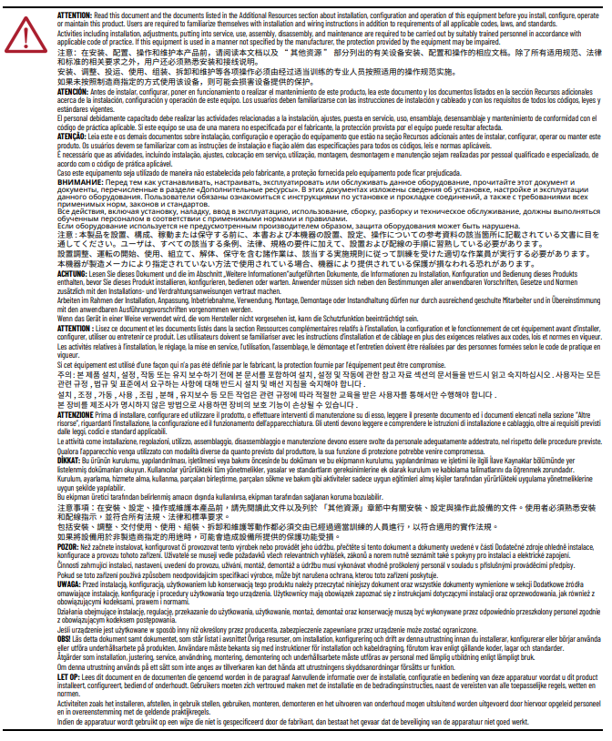 Read this document and the documents listed in the Additional Resources section about installation, configuration and operation of this equipment before you install, configure, operate or maintain this product.