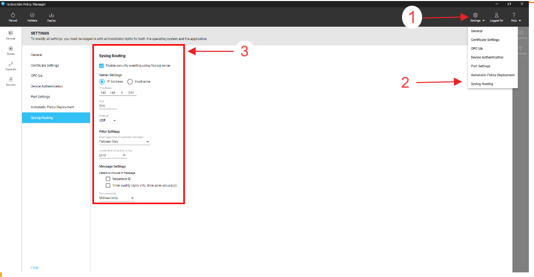 A screen capture with red arrows, a red box around a configuration menu and steps for configuring Syslog routing