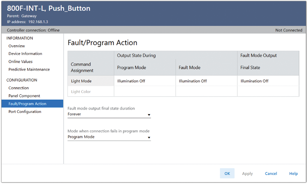 Push Button Configuration - Fault/Program Action View