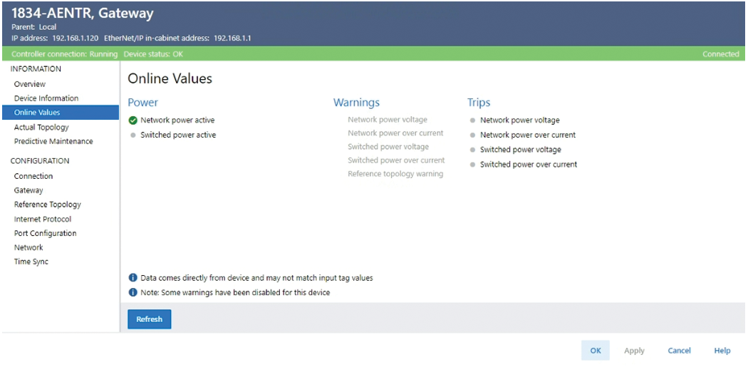 Gateway Online Values view